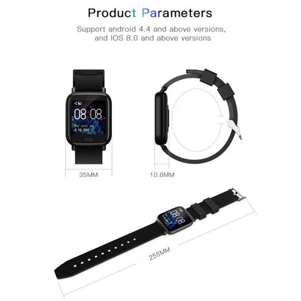 Essential Bracelet for Daily Health Tracking and Activity Monitoring - black smartwatch showing steps, sleep and dimensions 35mm x 10.8mm x 255mm