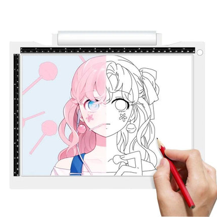 Adjustable Brightness A4 LED Drawing Light Pad for Artists showing half-colored anime sketch being traced with pencil