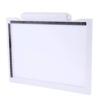 Adjustable Brightness A4 LED Drawing Light Pad for Artists showing slim white lightbox with ruler guides for tracing and sketching