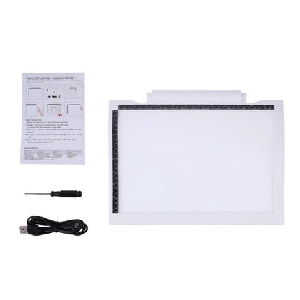 Adjustable Brightness A4 LED Drawing Light Pad for Artists with ruler edges, USB cable, screwdriver and instruction sheet