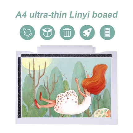 Adjustable Brightness A4 LED Drawing Light Pad for Artists showing ultra-thin A4 pad with illuminated tracing artwork and measurement ruler