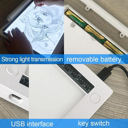 Adjustable Brightness A4 LED Drawing Light Pad for Artists showing tracing, removable battery, USB interface and key switch