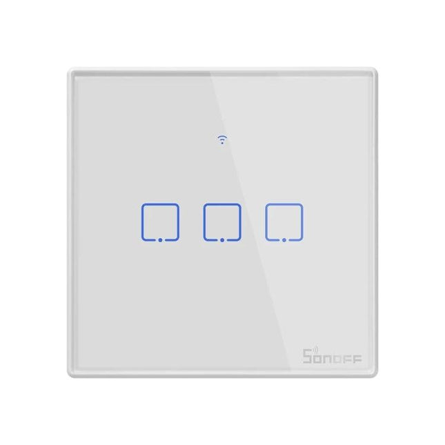 Sonoff T2 Touch Tempered Glass Wall Switch for Home Lighting - white 3-gang touch panel with WiFi icon and blue LED indicators