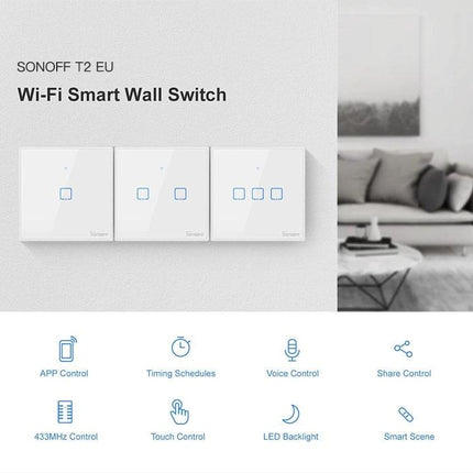Sonoff T2 Touch Tempered Glass Wall Switch for Home Lighting - white Wi-Fi smart touch wall switch with app and timing features
