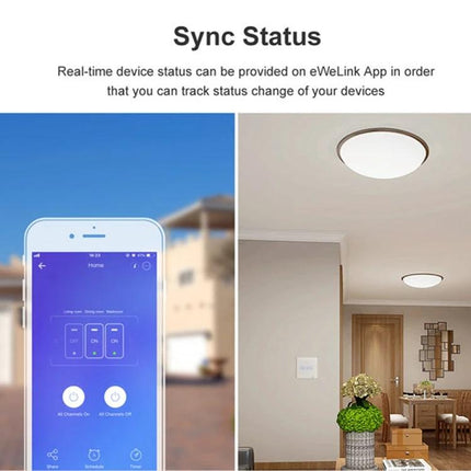 Sonoff T2 Touch Tempered Glass Wall Switch for Home Lighting showing smartphone app sync status and living room ceiling lights