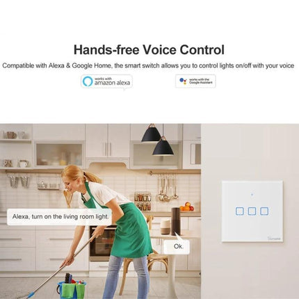 Sonoff T2 Touch Tempered Glass Wall Switch for Home Lighting showing voice control with Alexa in kitchen, woman cleaning and switch on wall