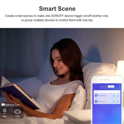 Sonoff T2 Touch Tempered Glass Wall Switch for Home Lighting showing a woman reading in bed with app-controlled smart scene on smartphone