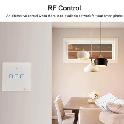 Sonoff T2 Touch Tempered Glass Wall Switch for Home Lighting mounted in dining room with RF remote control and smartphone app features