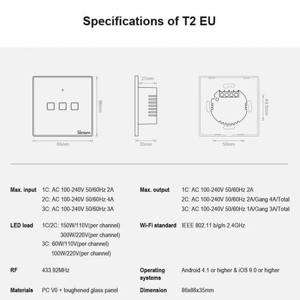 Sonoff T2 Touch Tempered Glass Wall Switch for Home Lighting technical specification diagram and dimensions