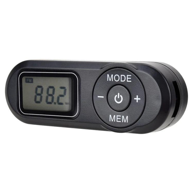 Portable FM Radio with LCD Display and Headset for On-the-Go Use - compact black FM radio showing 88.2 on LCD with mode and volume controls