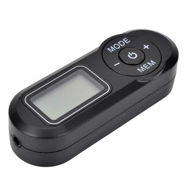 Portable FM Radio with LCD Display and Headset for On-the-Go Use - compact black FM radio with LCD screen and mode/mem control buttons