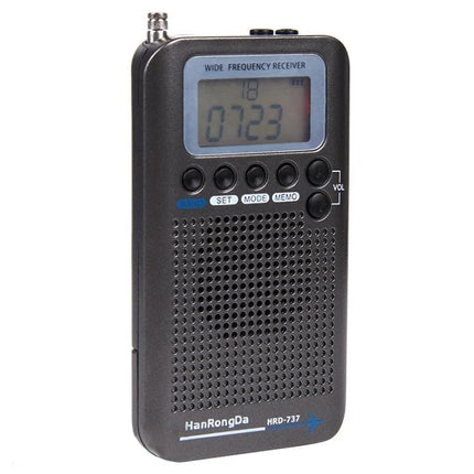 Portable Radio for Aircraft Band Reception and Everyday Use - compact black wide frequency receiver with LCD and buttons