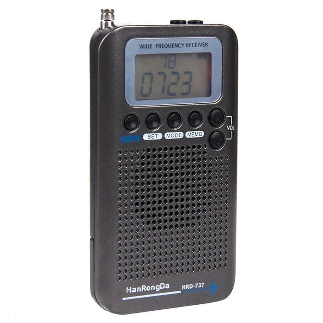 Portable Radio for Aircraft Band Reception and Everyday Use - compact black wide frequency receiver with LCD and buttons