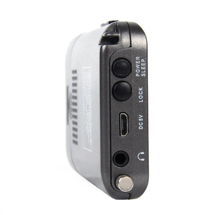 Portable Radio for Aircraft Band Reception and Everyday Use - side view showing power/sleep, lock buttons, DC 5V microUSB, headphone jack and antenna port