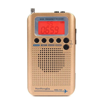 Portable Radio for Aircraft Band Reception and Everyday Use gold handheld receiver with digital display and speaker