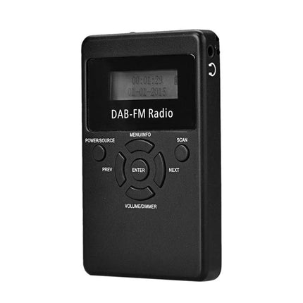 Portable Mini Digital DAB FM Radio with Lanyard and Headset shown front view black compact DAB-FM radio with LCD and control buttons