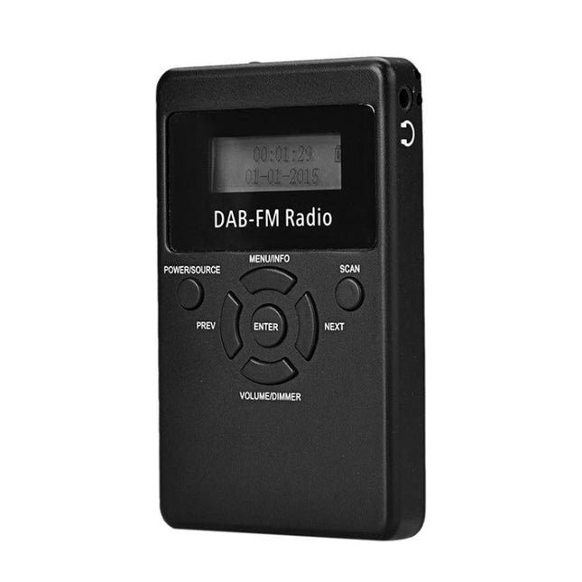 Portable Mini Digital DAB FM Radio with Lanyard and Headset shown front view black compact DAB-FM radio with LCD and control buttons