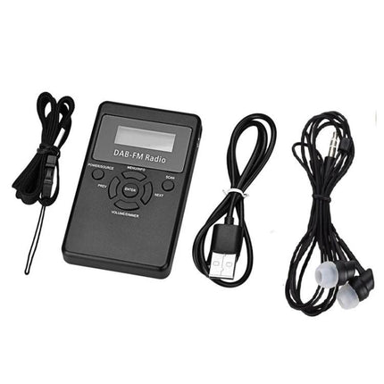 Portable Mini Digital DAB FM Radio with Lanyard and Headset black portable DAB/FM radio with LCD, USB cable, lanyard and earbuds