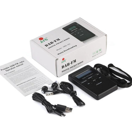 Portable Mini Digital DAB FM Radio with Lanyard and Headset black compact unit with box, headset, USB cable and manual