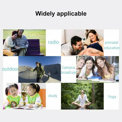 Portable Mini Digital DAB FM Radio with Lanyard and Headset shown used outdoors, for commuting, study, yoga and prenatal education (compact DAB/FM radio)