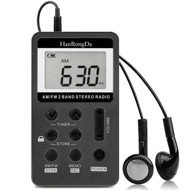 Portable FM and AM Radio with Lanyard and Headset black handheld radio showing 630 AM on display with earbuds