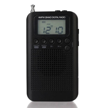 Mini Portable FM and AM Two Band Radio with Loudspeaker - compact black handheld AM/FM radio with LCD, buttons, antenna for travel and emergency use