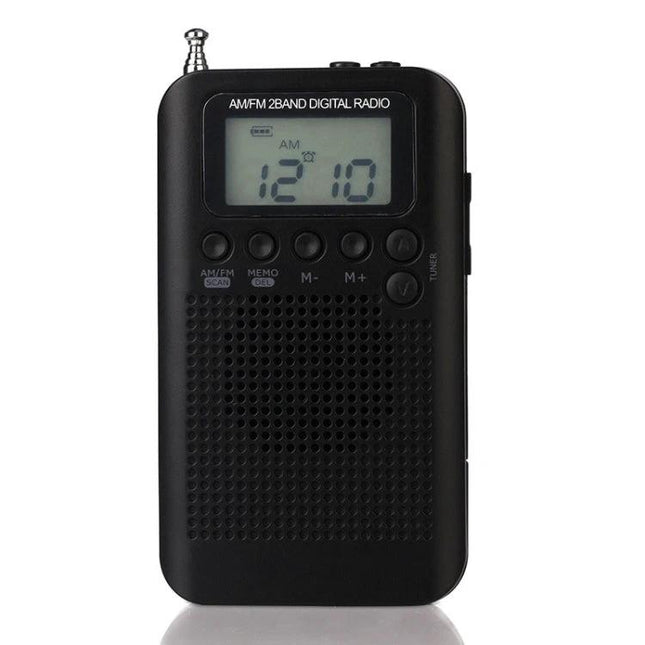 Mini Portable FM and AM Two Band Radio with Loudspeaker - compact black handheld AM/FM radio with LCD, buttons, antenna for travel and emergency use