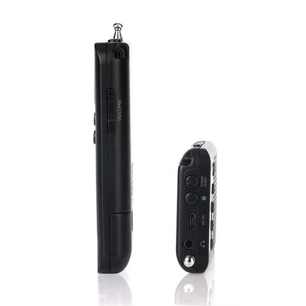 Mini Portable FM and AM Two Band Radio with Loudspeaker compact black side view showing volume knob, ports and antenna – 100x60x15mm travel radio