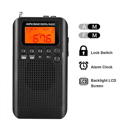 Mini Portable FM and AM Two Band Radio with Loudspeaker — compact black 100x60x15mm radio with backlight LCD, loudspeaker, lock switch and alarm clock