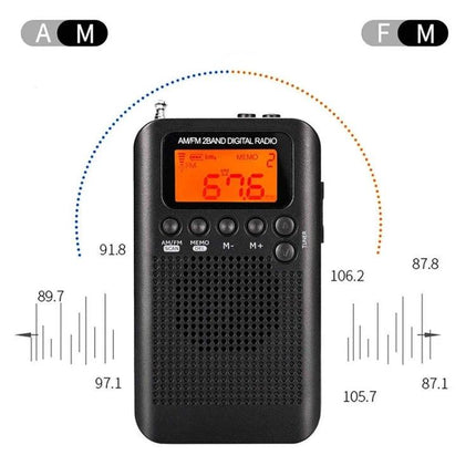 Mini Portable FM and AM Two Band Radio with Loudspeaker compact black handheld radio with orange display showing 87.6 tuned and front speaker