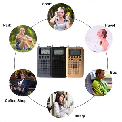 Mini Portable FM and AM Two Band Radio with Loudspeaker shown in compact sizes for travel, park, sport, bus, coffee shop and library use