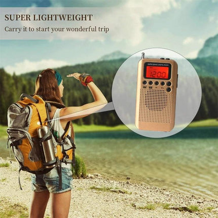 Mini Portable FM and AM Two Band Radio with Loudspeaker shown with hiker at lakeside, compact 100x60x15mm portable travel radio