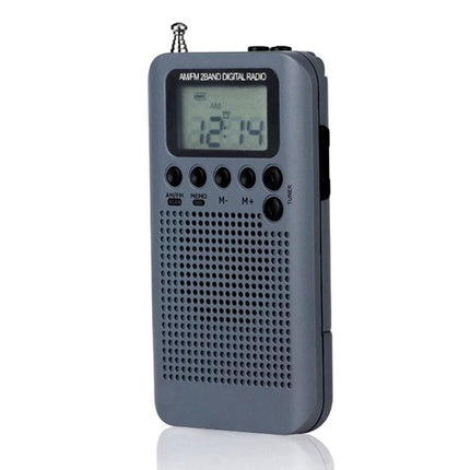 Mini Portable FM and AM Two Band Radio with Loudspeaker - compact gray handheld radio with LCD, buttons, antenna and built-in speaker