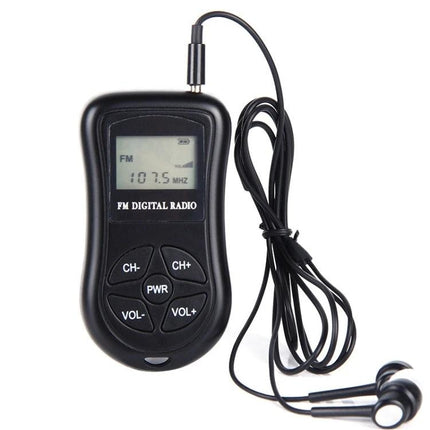 Compact Portable Stereo FM Radio with Digital Display and Headset showing digital frequency, control buttons and wired headset, battery-powered travel radio