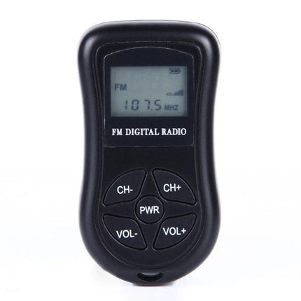 Compact Portable Stereo FM Radio with Digital Display and Headset showing digital frequency 107.5 MHz on screen and control buttons