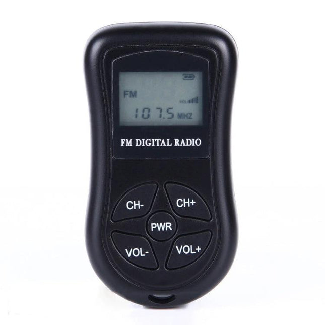 Compact Portable Stereo FM Radio with Digital Display and Headset showing digital frequency 107.5 MHz on screen and control buttons