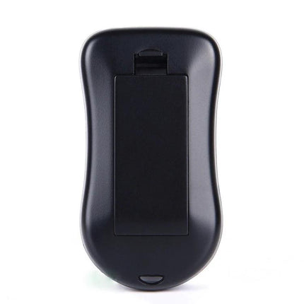 Compact Portable Stereo FM Radio with Digital Display and Headset compact black handheld radio back view, belt clip and battery compartment