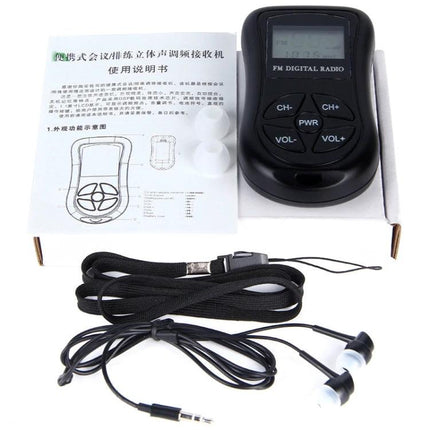 Compact Portable Stereo FM Radio with Digital Display and Headset showing black handheld radio, digital screen, control buttons, earbud headset and instruction manual