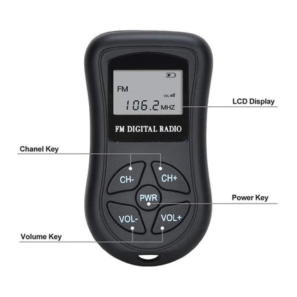 Compact Portable Stereo FM Radio with Digital Display and Headset - compact FM digital radio with LCD, channel, power and volume keys, battery powered