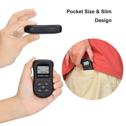 Compact Portable Stereo FM Radio with Digital Display and Headset shown pocket-size with headset-ready digital display and buttons