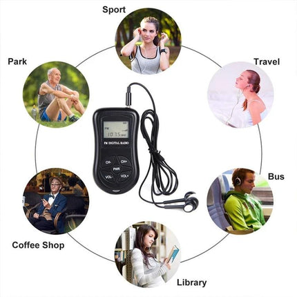 Compact Portable Stereo FM Radio with Digital Display and Headset shown with wired headset for travel, sport, park, bus, library and coffee shop use