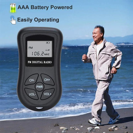 Compact Portable Stereo FM Radio with Digital Display and Headset showing digital display, headset-ready, battery-powered for travel and emergency use
