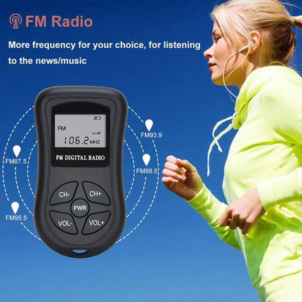 Compact Portable Stereo FM Radio with Digital Display and Headset showing digital frequency display and woman jogging with headset, portable emergency music radio