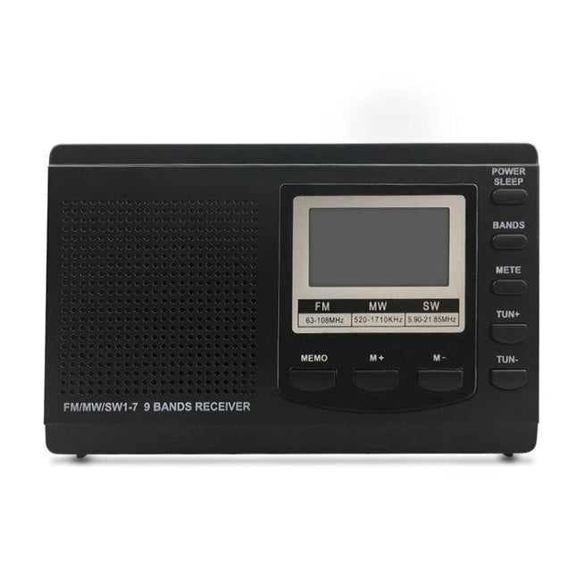 Compact Portable Radio with FM, AM, and Shortwave Reception - black 9-band travel radio with LCD and tuning buttons