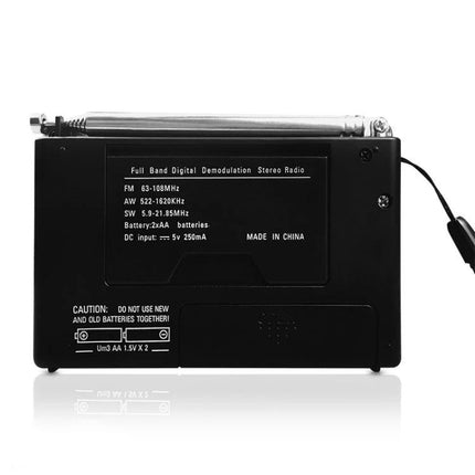 Compact Portable Radio with FM, AM, and Shortwave Reception back view showing antenna and frequency labels