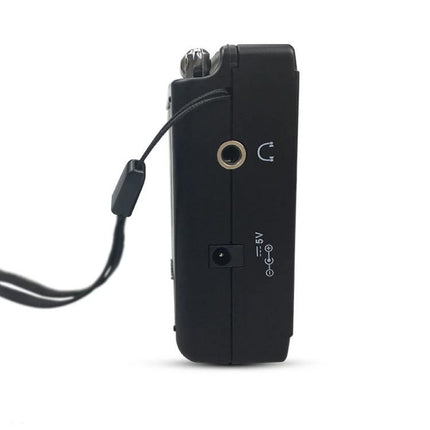 Compact Portable Radio with FM, AM, and Shortwave Reception black side view showing headphone jack, power port and wrist strap