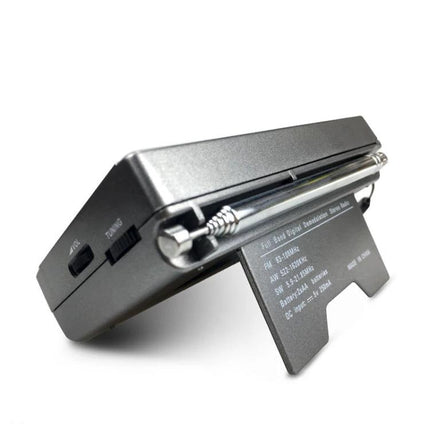 Compact Portable Radio with FM, AM, and Shortwave Reception compact travel radio showing antenna and fold-out stand