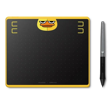 Huion HS64 Graphics Drawing Tablet with Battery-Free Pen in yellow with black drawing surface and battery-free pen
