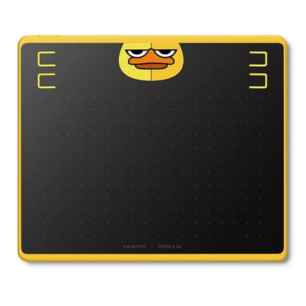 Huion HS64 Graphics Drawing Tablet with Battery-Free Pen — yellow-edged compact drawing tablet with duck face design and responsive pen controls