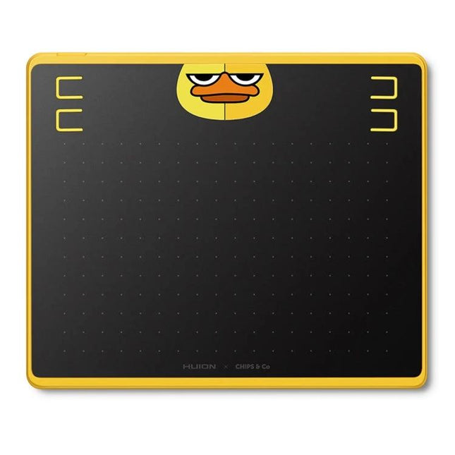Huion HS64 Graphics Drawing Tablet with Battery-Free Pen — yellow-edged compact drawing tablet with duck face design and responsive pen controls